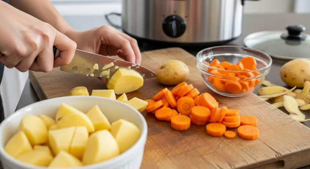 Preparing vegetables for slow cooker tri-tip roast, chopping potatoes and carrots.