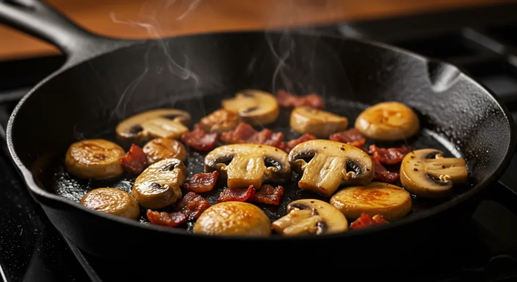 Sautéed mushrooms and bacon bits cooking in a cast-iron skillet for Alice Springs Chicken.