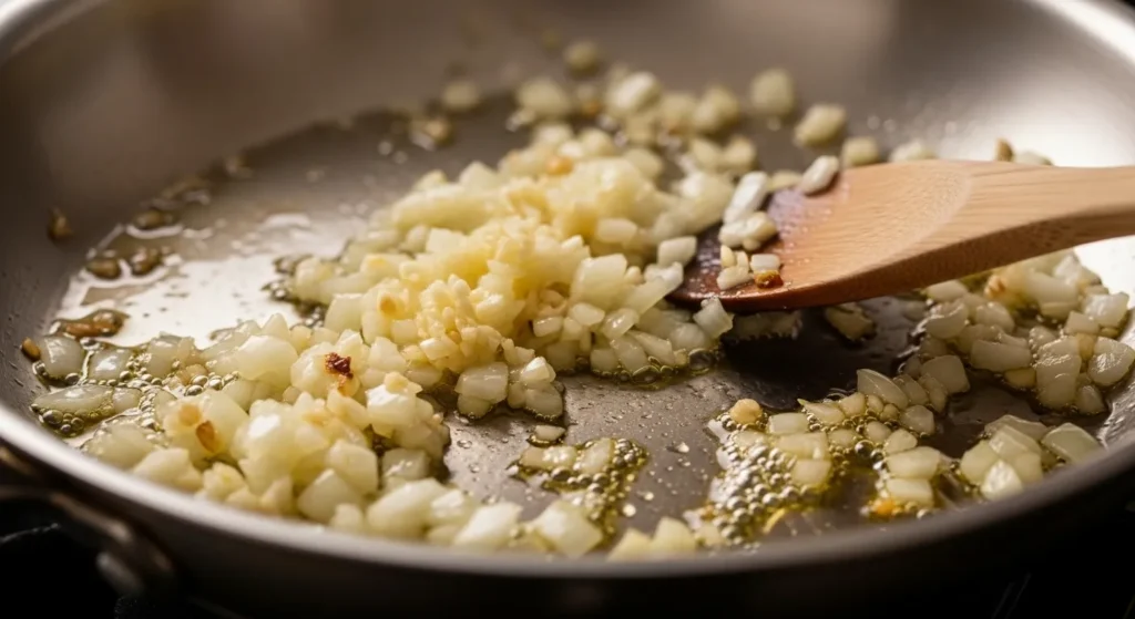 Sautéing onions and garlic in a skillet for the beef quesadilla filling.