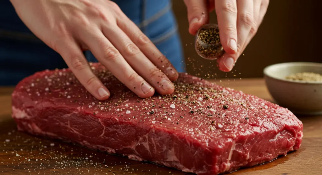Seasoning tri-tip roast with salt, pepper, and spices for slow cooker recipe.