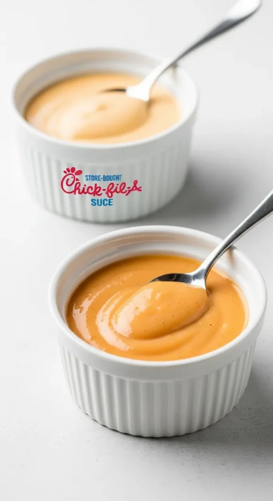 Side-by-side comparison of homemade Chick-fil-A sauce and the official bottled version, showing identical appearance.