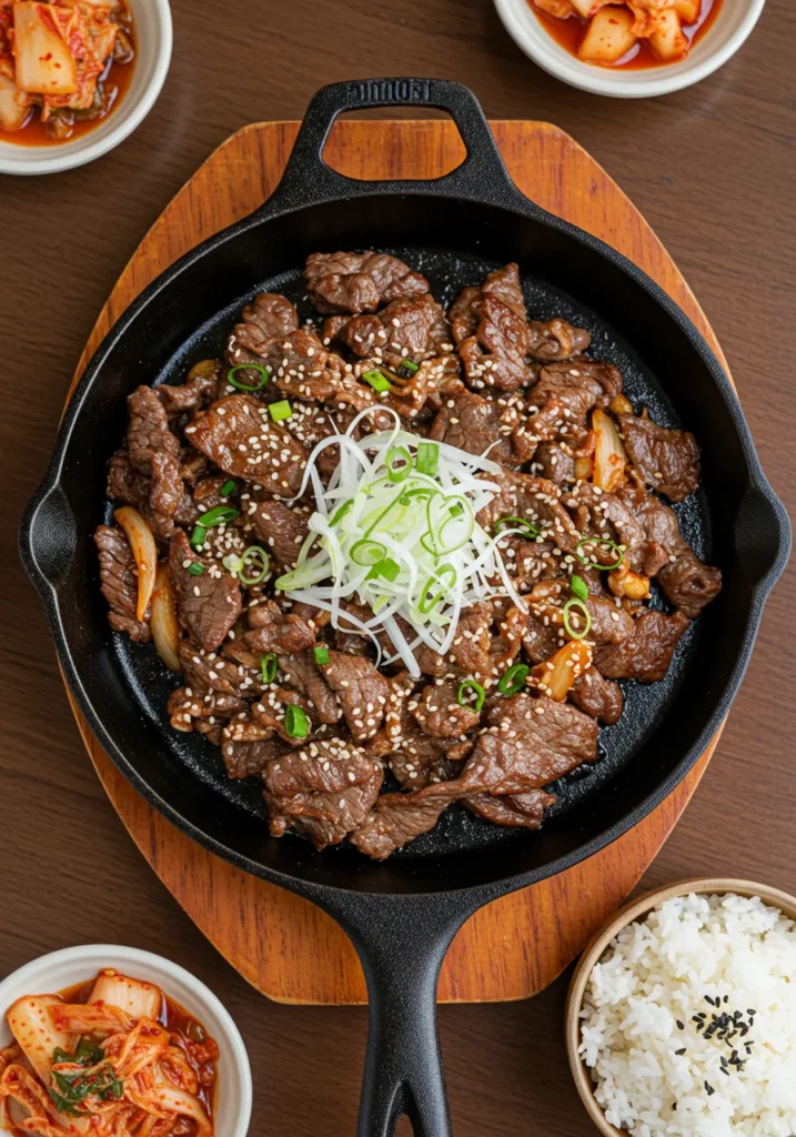 Sizzling Korean beef bulgogi recipe in a cast-iron skillet, a classic dish made with marinated thin sliced beef.