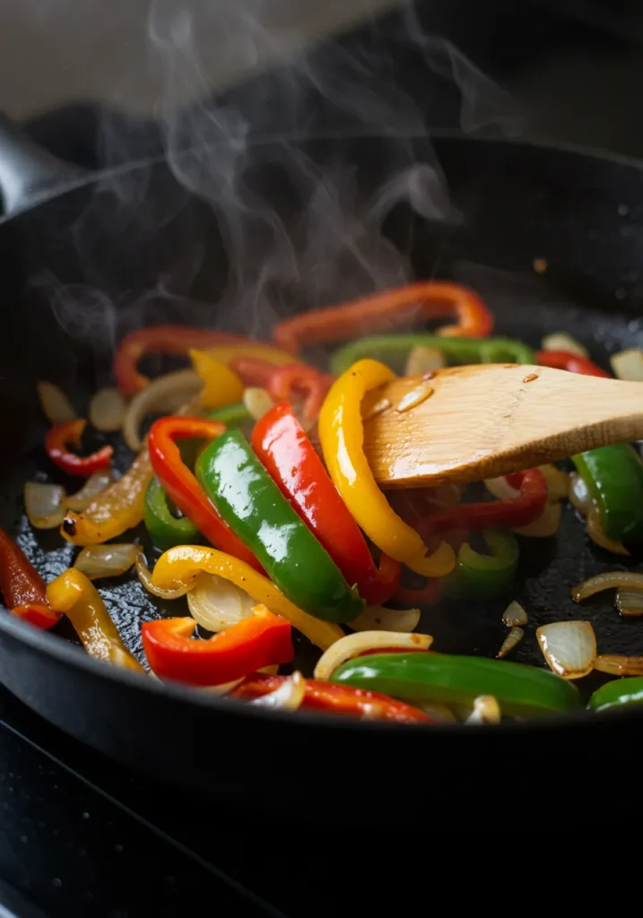 Sizzling bell peppers and onions being sautéed in a cast-iron skillet for an easy steak tacos recipe