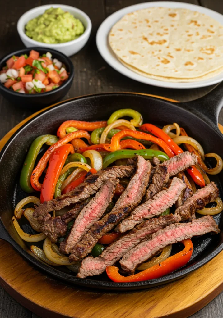 Sizzling steak fajitas on a skillet, a festive Latin American-inspired steak for dinner.