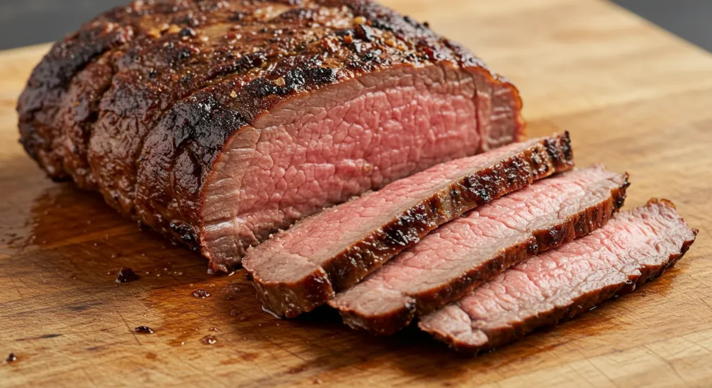 Sliced tri-tip roast resting after slow cooking, showcasing juicy, tender meat.