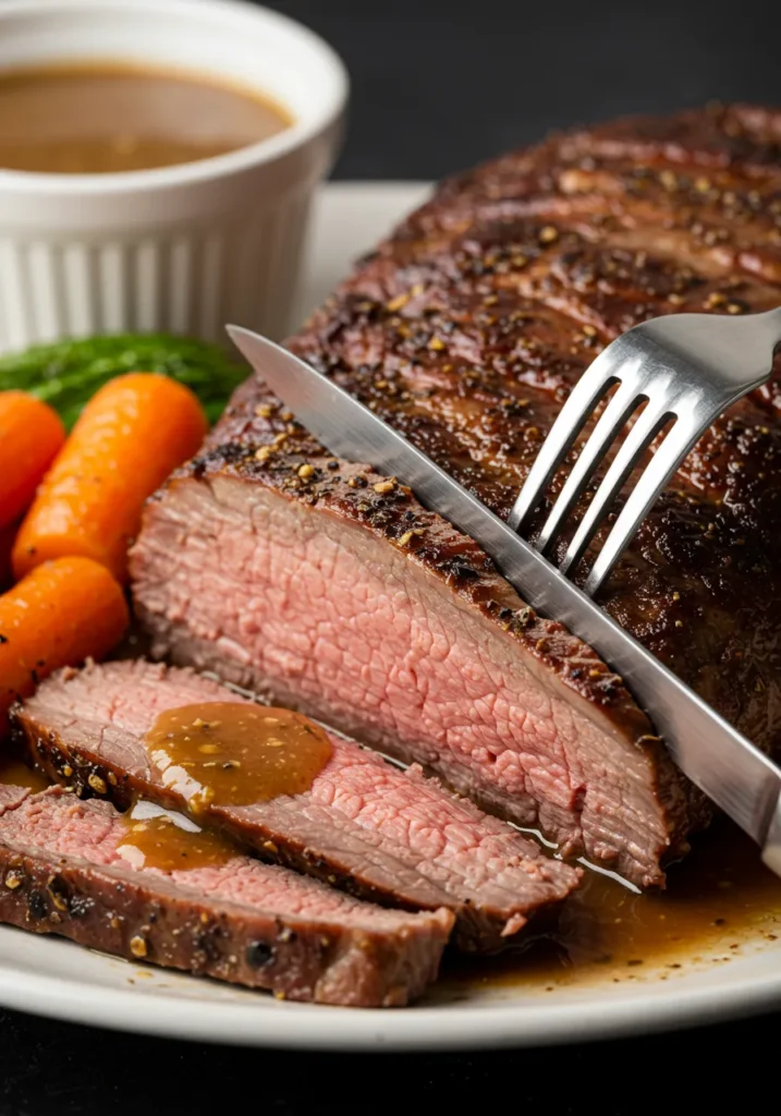 Slow cooker tri-tip roast perfectly cooked with juicy, tender meat and rich gravy.