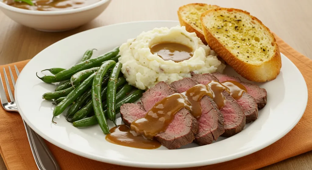 Slow cooker tri-tip roast served with mashed potatoes, garlic bread, and green beans.