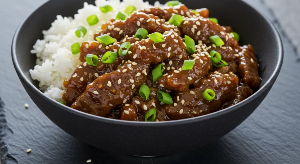 The final plated Easiest Mongolian Beef, a quick and delicious thin sliced steak recipe that's better than takeout.