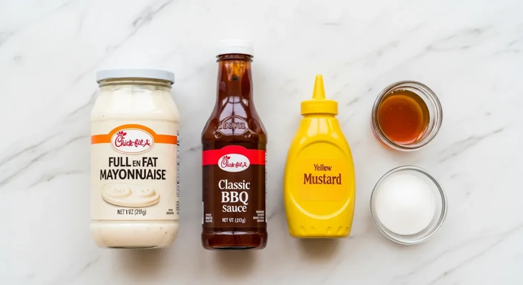 The simple ingredients in Chick-fil-A sauce laid out on a countertop, including mayonnaise, BBQ sauce, mustard, and honey.