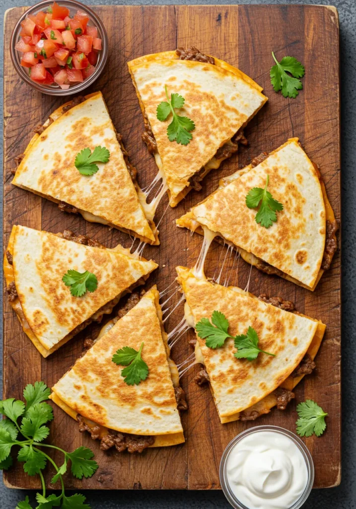 The ultimate cheesy beef quesadilla recipe, sliced and ready to serve with salsa and sour cream.