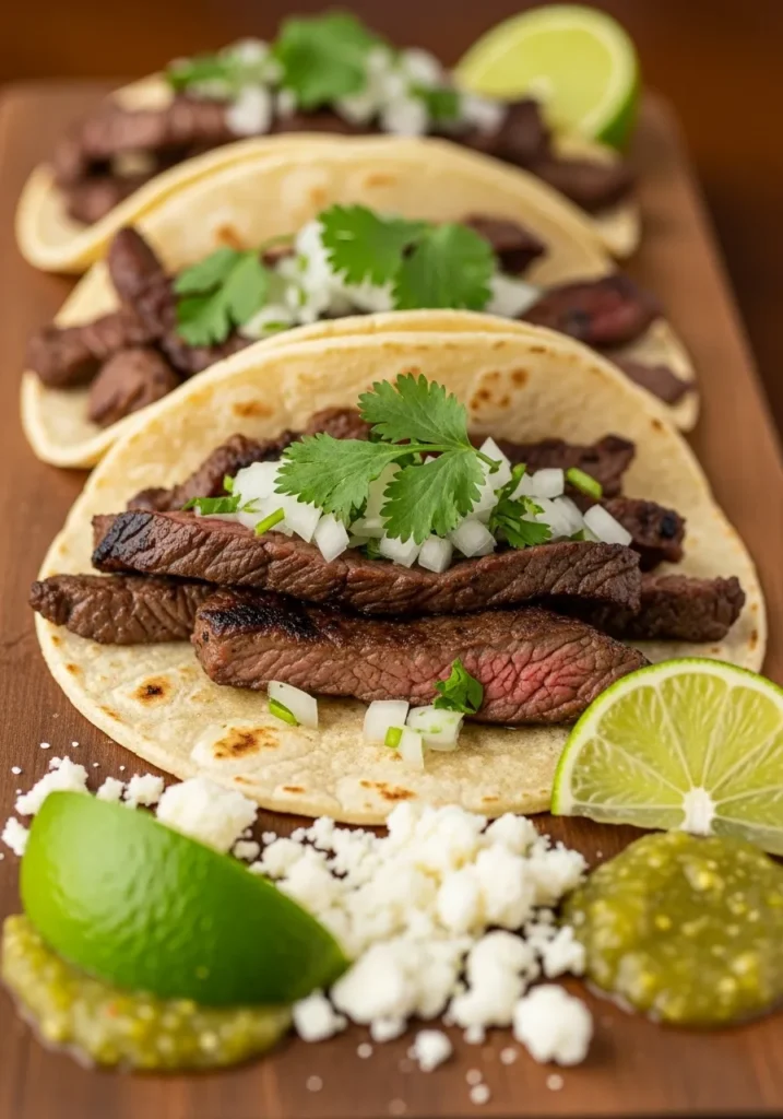 Three street-style tacos on a wooden board, filled with seared leftover tri-tip, onion, and fresh cilantro.