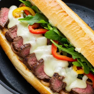 Tri-tip cheesesteak with melted cheese and sautéed vegetables, a perfect leftover tri-tip recipe