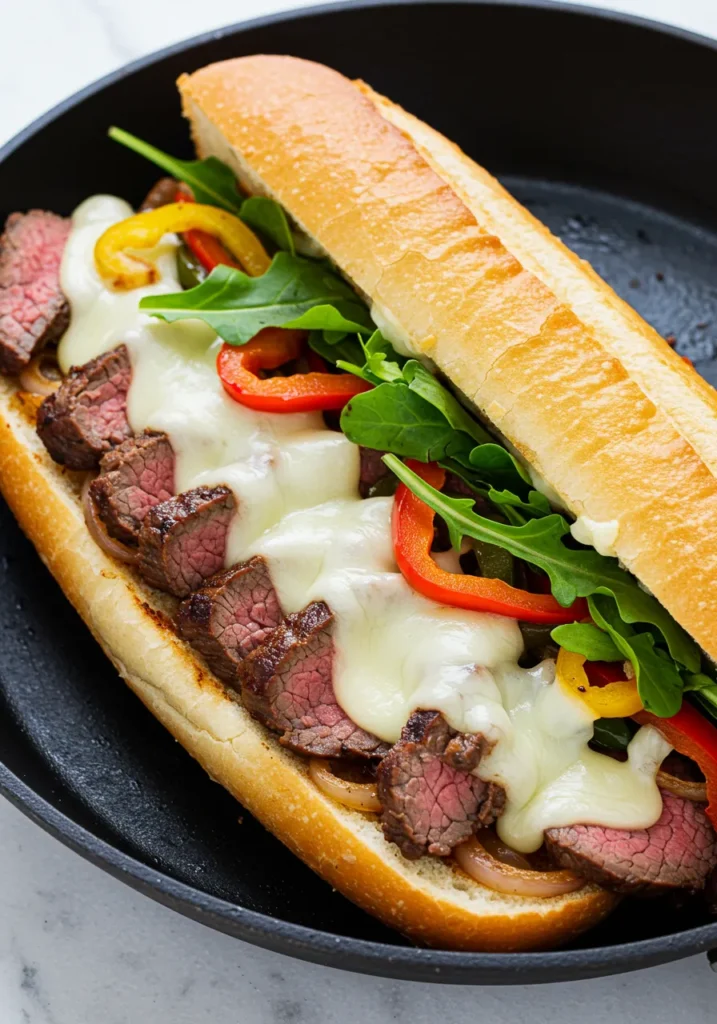 Tri-tip cheesesteak with melted cheese and sautéed vegetables, a perfect leftover tri-tip recipe