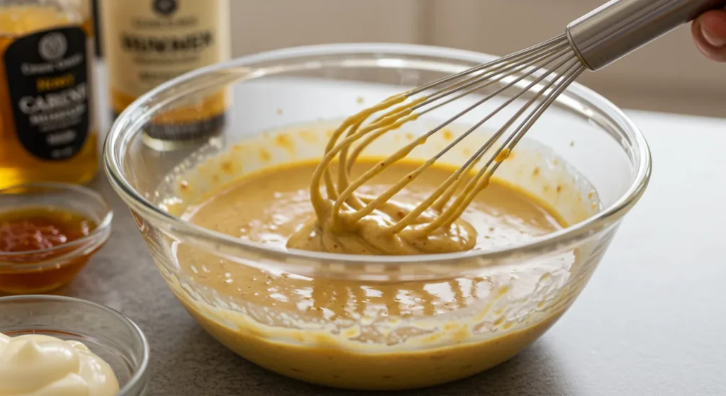 Whisking honey mustard marinade ingredients for Alice Springs Chicken.