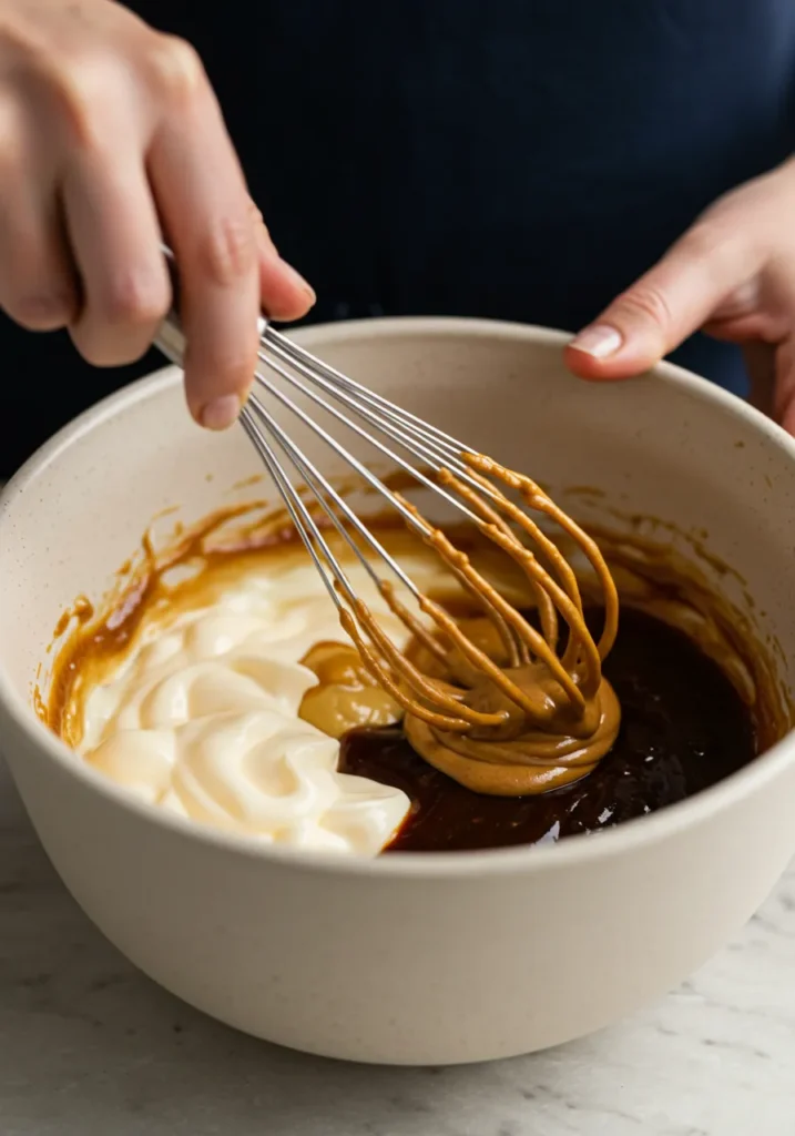 Whisking mayonnaise, BBQ sauce, honey, and mustard to make Chick-fil-A sauce