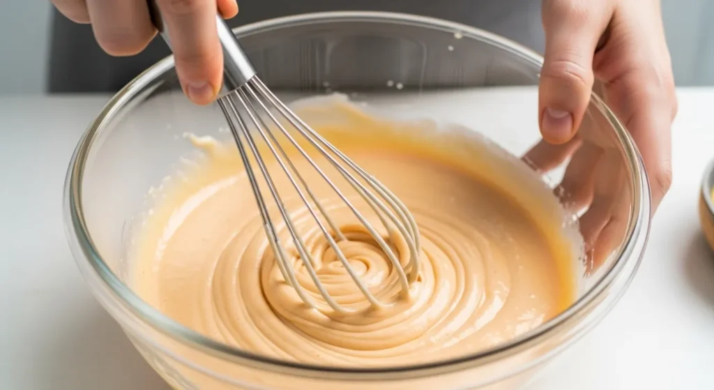 Whisking the ingredients together in a glass bowl to create a smooth and creamy homemade Chick-fil-A sauce.