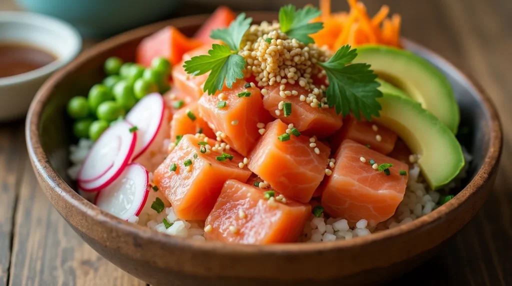 raw salmon poke bowl