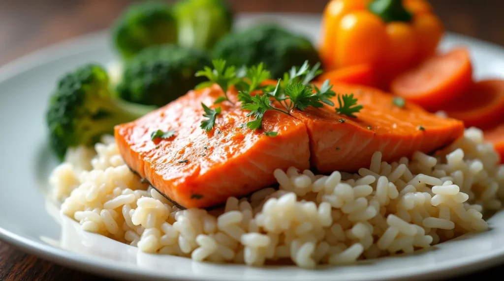 salmon veg and rice