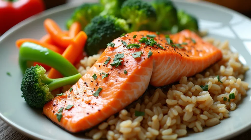 salmon veg and rice