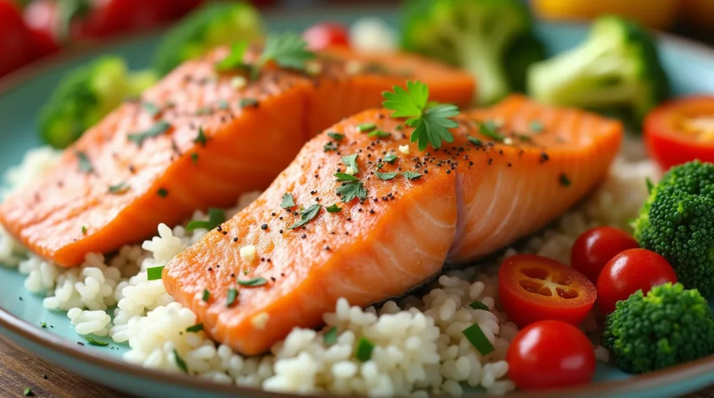 salmon veg and rice