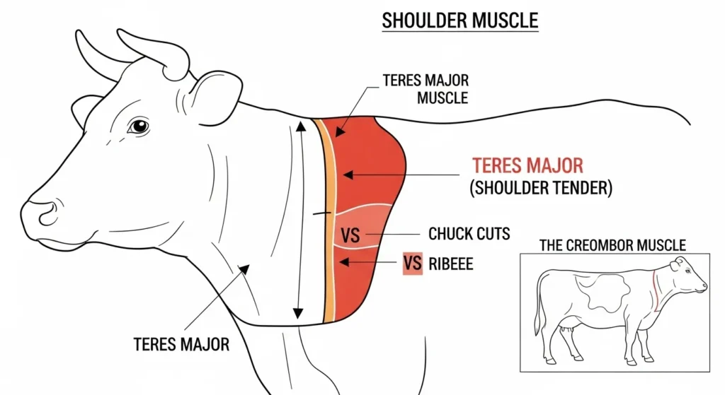 Simple diagram showing teres major location near shoulder blade